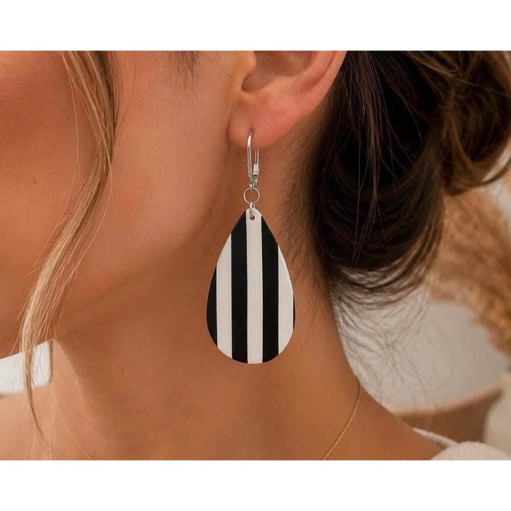 Black White Striped Teardrop Earrings | Handmade Polymer Clay Dangle Jewelry